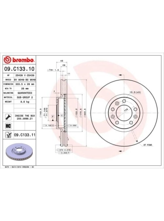 BREMBO 09.C133.11 | Fren Disk Ön Hava Kanallı (Citroen C4 Picasso 1.6 HDI 13-/ Peugeot 508 1.6 HDI 2,2Hdı 10 -) | 1 Adet