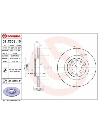 BREMBO 08.C309.11 | Fren Diski Arka (Peugeot 308 II 14-/ Citroen C4 II 14 -) | 2 Adet