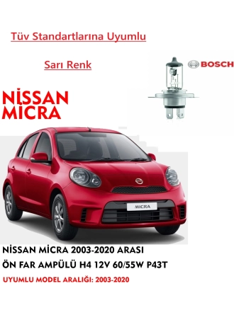 Bosch  Nissan Micra 2003-2020 Arası Ön Far Ampülü H4 12V 60/55W P43T