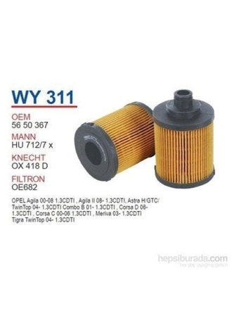 WUNDER WY311 | Opel Astra H 1.3 Dizel UFİ Tip Yağ Filtresi