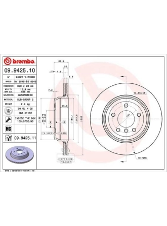 BREMBO 09.9425.11 | Fren Diski Arka Kaplamalı (BMW E60 / 520I 523I 525I 530I) | 2 Adet