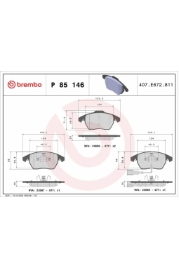 BREMBO P85146 | Ön Fren Balatası-Kablolu-(VW Caddy 04-15 Golf 04-14 Passat 06-11 Polo 10-Audi A3 04-13