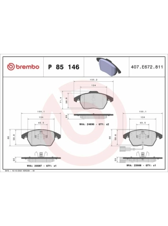BREMBO P85146 | Ön Fren Balatası-Kablolu-(VW Caddy 04-15 Golf 04-14 Passat 06-11 Polo 10-Audi A3 04-13