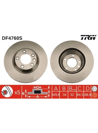 TRW DF4760S | Sağ Ön Fren Diski-350×34 5×120 (VW Touareg 03-10 Audi Q7 07-15 Porsche Cayenne 03 -)