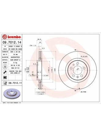BREMBO 09.7012.14 | Fren Diski Ön-(VW Golf 98-06 Audi A3 97-03 Seat Leon 00-06) 280×22 5×100 | 2 Adet
