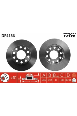TRW DF4186 | Fren Diski Arka A4 00-09 / Exeo 09-1.9 TDI Düz 245mm