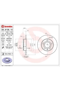 BREMBO 08.9136.10 | Fren Diski Arka (Audi A4 01-08 Seat Exeo 09-14) | 2 Adet