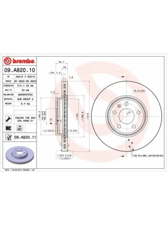 BREMBO 09.A820.10 | Fren Diski VW A4-A5 08-Ön 314X25 | 2 Adet