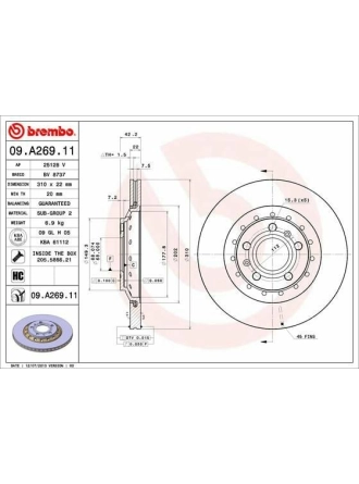 BREMBO 09.A269.11 | Fren Diski Arka Havalı 310 mm Audi A8 03-10 VW Phaeton 08-16 | 2 Adet
