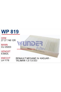 WUNDER WP819 | Renault Megane 4 2015- Polen Filtresi Karbonsuz Tüm Modeller