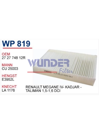 WUNDER WP819 | Renault Megane 4 2015- Polen Filtresi Karbonsuz Tüm Modeller