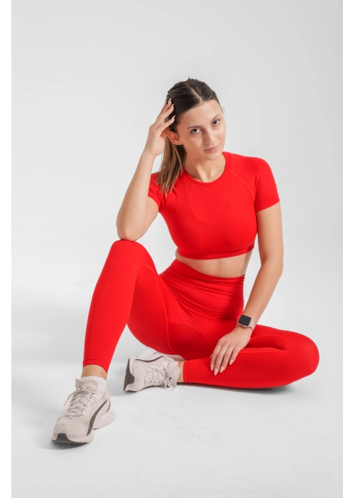 Dikişsiz Push-up Toparlayıcı Kısa Kollu Kırmızı Renk Spor Takım