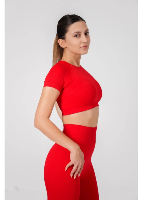 Dikişsiz Push-up Toparlayıcı Kısa Kollu Kırmızı Renk Spor Takım