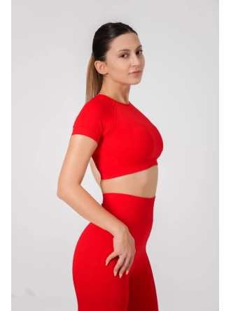 Dikişsiz Push-up Toparlayıcı Kısa Kollu Kırmızı Renk Spor Takım