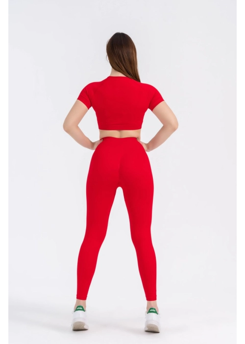 Dikişsiz Push-up Toparlayıcı Kısa Kollu Kırmızı Renk Spor Takım