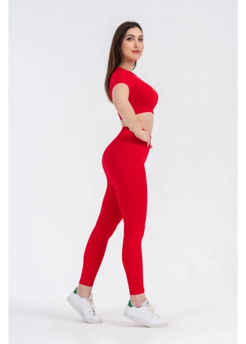 Dikişsiz Push-up Toparlayıcı Kısa Kollu Kırmızı Renk Spor Takım