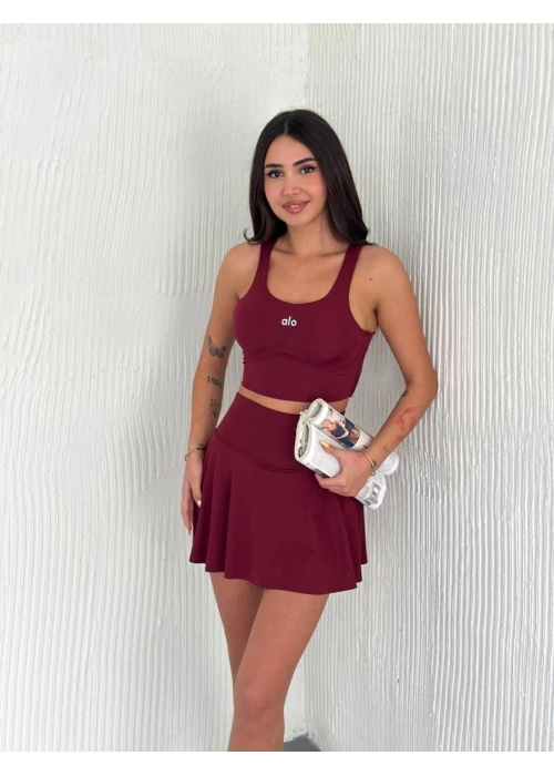 Alo Yoga Şortlu Etek Tulum Büstiyer Bordo Takım