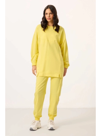 O Yaka Basic Oversize Kadın Limon Eşofman Tunik Takım