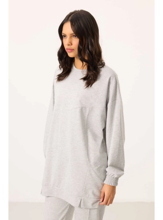 O Yaka Basic Oversize Kadın Gri Melanj Eşofman Tunik Takım