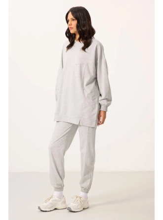 O Yaka Basic Oversize Kadın Gri Melanj Eşofman Tunik Takım
