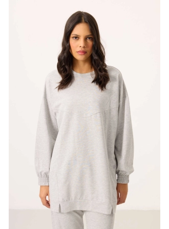 O Yaka Basic Oversize Kadın Gri Melanj Eşofman Tunik Takım