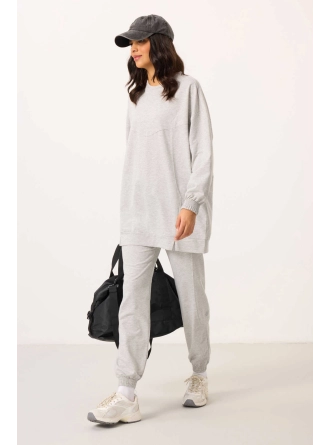 O Yaka Basic Oversize Kadın Gri Melanj Eşofman Tunik Takım