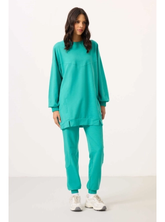 O Yaka Basic Oversize Deniz Yeşil Kadın Eşofman Tunik Takım 