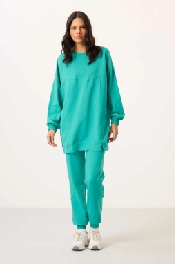 O Yaka Basic Oversize Deniz Yeşil Kadın Eşofman Tunik Takım 