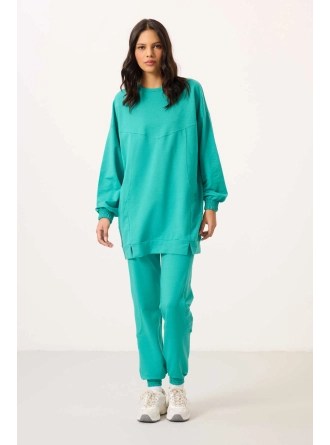 O Yaka Basic Oversize Deniz Yeşil Kadın Eşofman Tunik Takım 