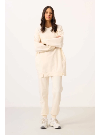O Yaka Basic Oversize  Ekru Kadın Eşofman Tunik Takım