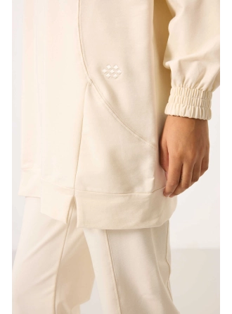 O Yaka Basic Oversize  Ekru Kadın Eşofman Tunik Takım