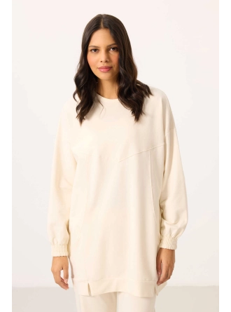 O Yaka Basic Oversize  Ekru Kadın Eşofman Tunik Takım