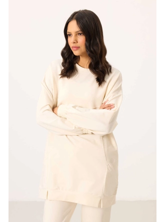 O Yaka Basic Oversize  Ekru Kadın Eşofman Tunik Takım
