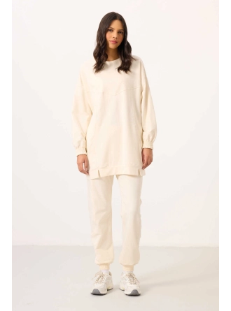 O Yaka Basic Oversize  Ekru Kadın Eşofman Tunik Takım