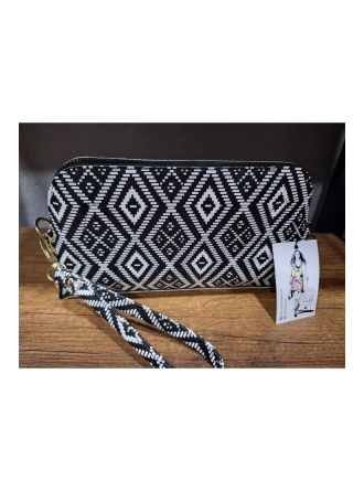 Kadın Siyah Beyaz TÜRK Motifli Desenli El Askılı Portföy Clutch