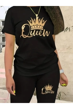 Kadın Kısa Kollu Queen Baskı Viskon Ikili Takım