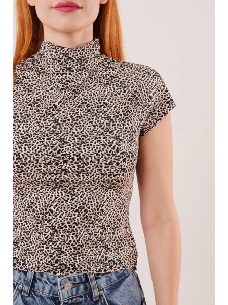 Leopar Desen Kısa Kollu Basic T-Shirt
