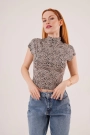 Leopar Desen Kısa Kollu Basic T-Shirt