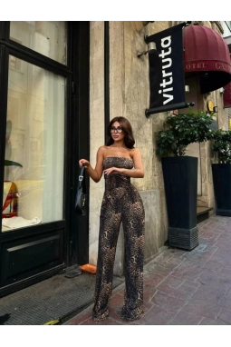 Leopar Desenli önden Bağlamalı Bluz Pantolon İkili Takım -Leopar