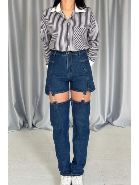 Mavi Askılı İki Parça Jeans Pantolon