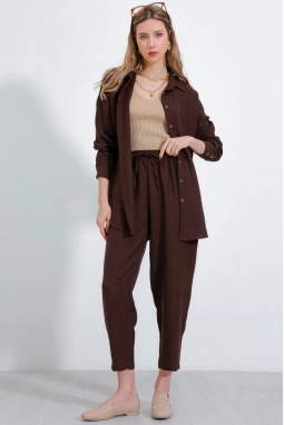 Kahverengi Oversize Keten Alt Üst Takım 6622