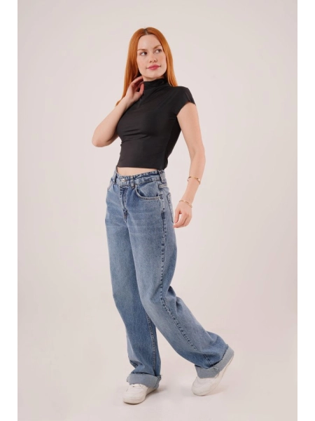 Boğazlı Parlak Kumaş Siyah Crop