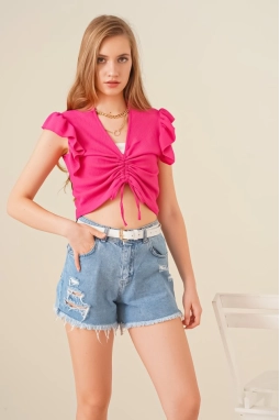 0423 Crop Örme Bluz - Fuşya