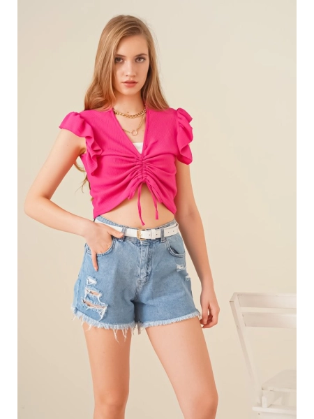 0423 Crop Örme Bluz - Fuşya