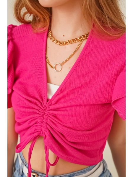 0423 Crop Örme Bluz - Fuşya