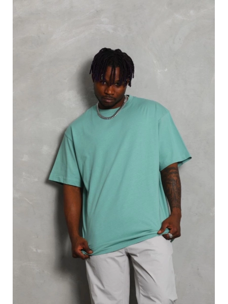 Unisex Oversize Düz Bisiklet Yaka T-Shirt - Mint Yeşili