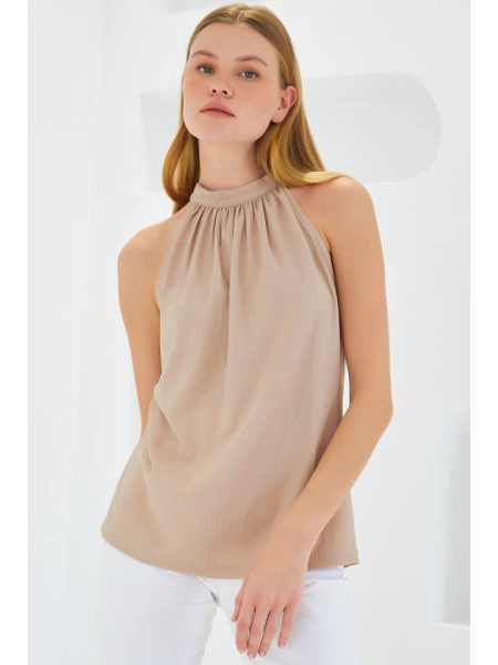 0489 Halter Yaka Örme Bluz - Bisküvi