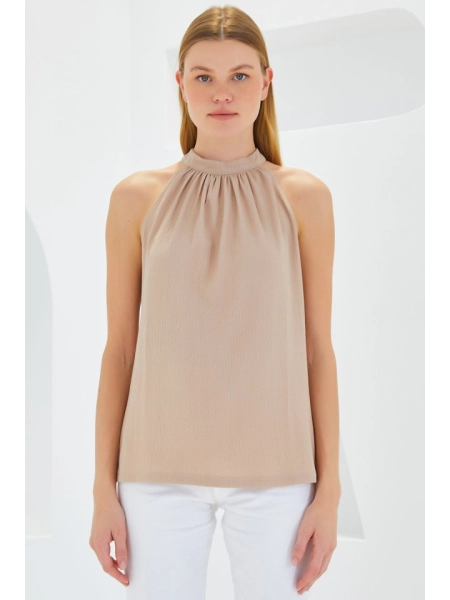 0489 Halter Yaka Örme Bluz - Bisküvi