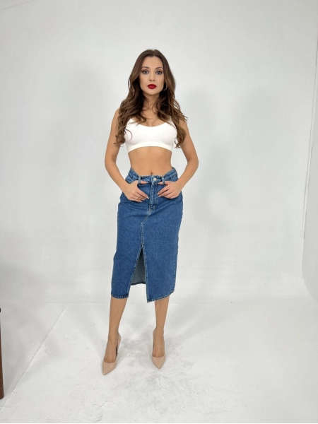 6478 DENİM MIDI SLIT SKIRT-MAVİ