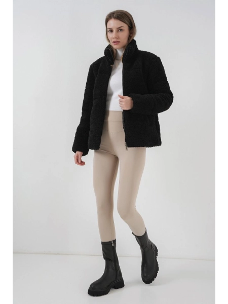 5178 Astarlı Peluş Mont - Siyah